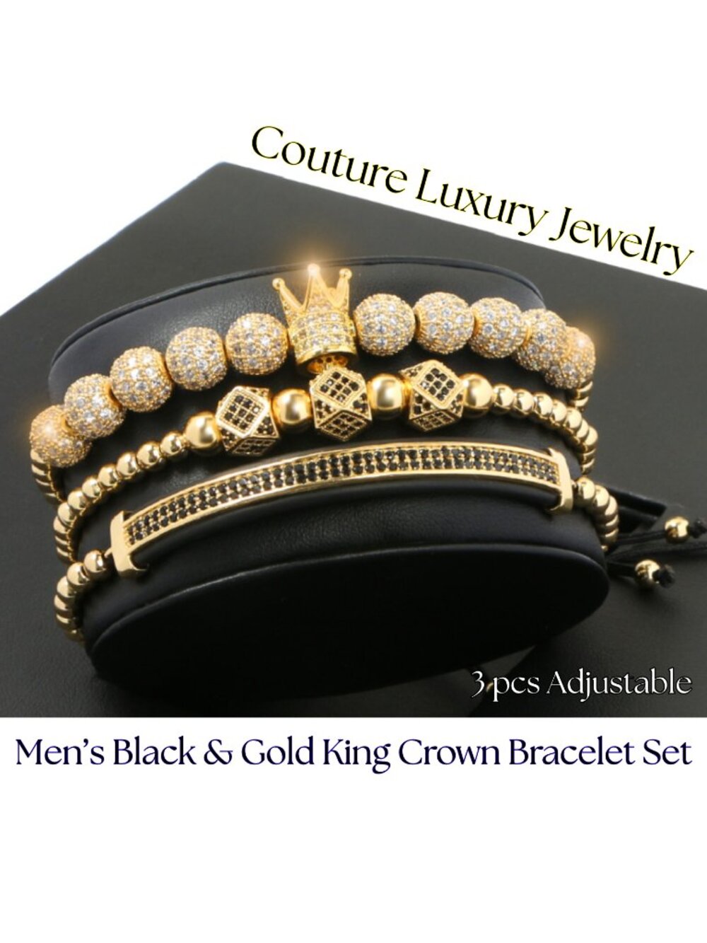 Gold & Black Crown Bracelet Set CZ Pave Beaded Bolo Adjustable Stack MENS NWT
